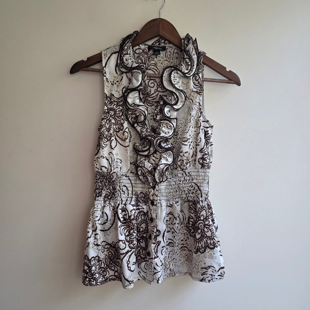 IZ Byer Y2K Floral Ruffle Peplum Top Sleeveless Smocked Waist Brown White Medium